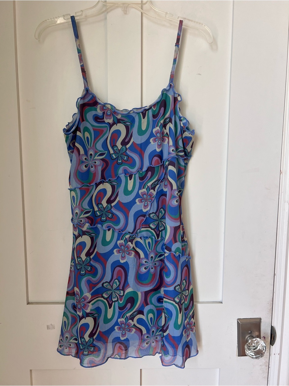 SO Blue Abstract Mesh Ruffle Mini Dress L Y2K Psychedelic Floral 70s Retro
